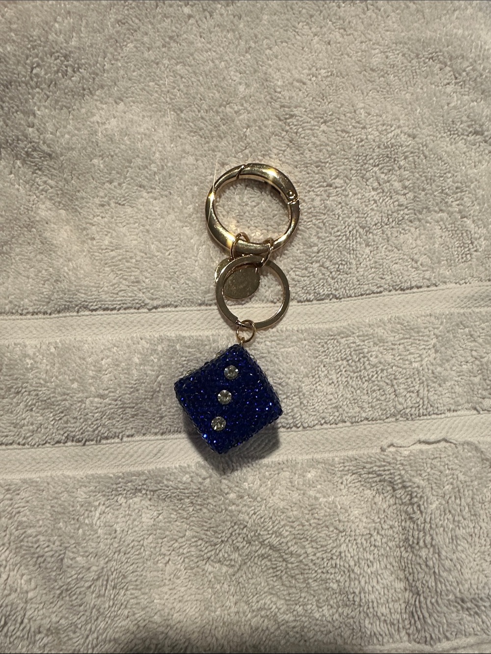 Gold Keyring with Blue Rhinestone Dice Charm